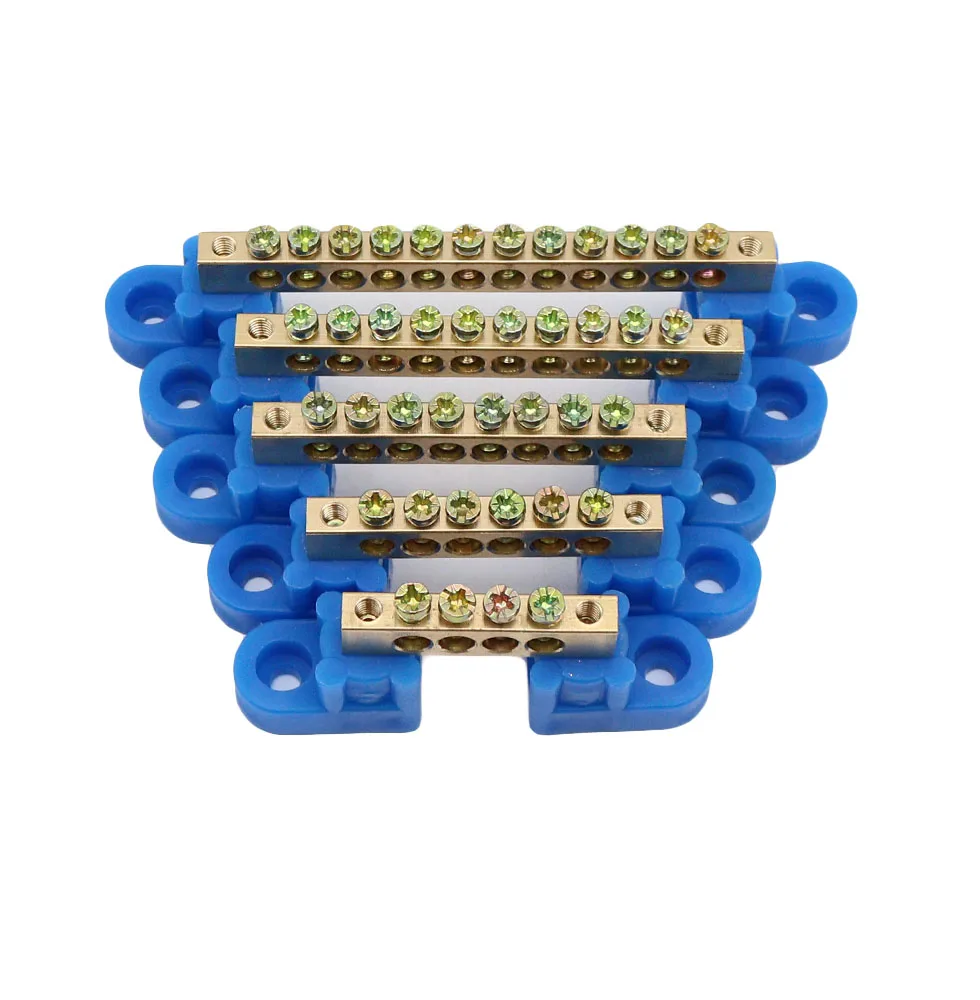 Blue yellow Bridge Design Zero Line 4-12 Pole Screw Brass Copper Grounding Strip Terminal Block Connector Earth And Neutral wire connectors din rail terminal block ground bar connector