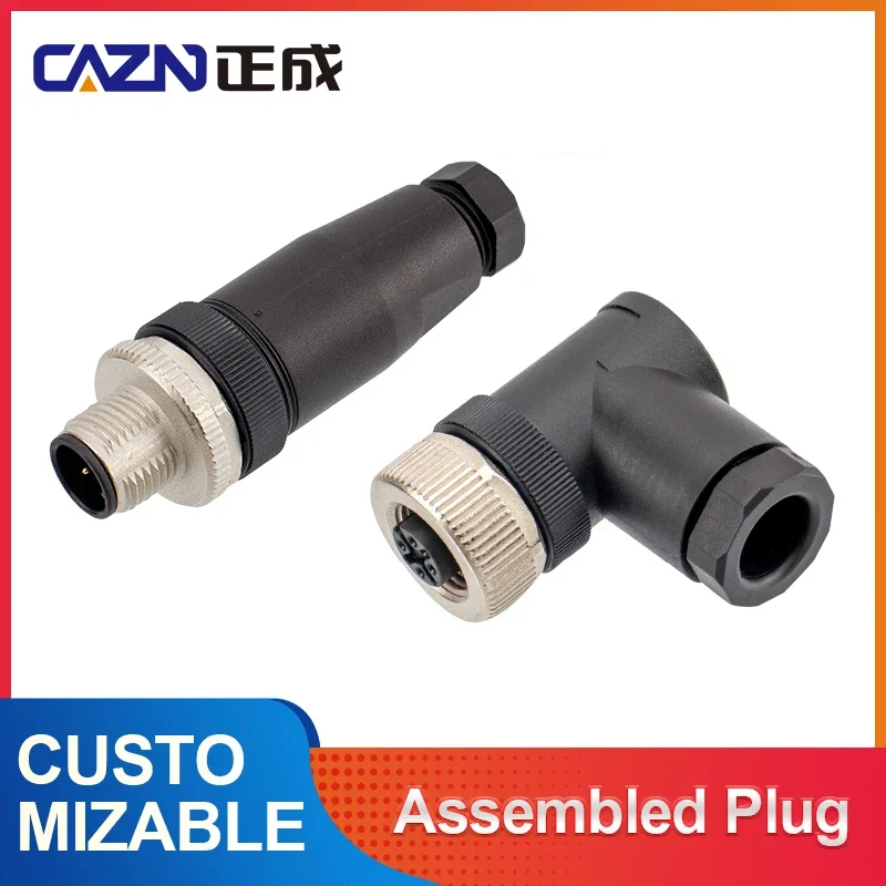 CAZN M12 พลาสติกประกอบปลั๊กตรงมุมขั้วต่อสกรู 3/4/5/8 Core D-Type 12PIN เชื่อม 1