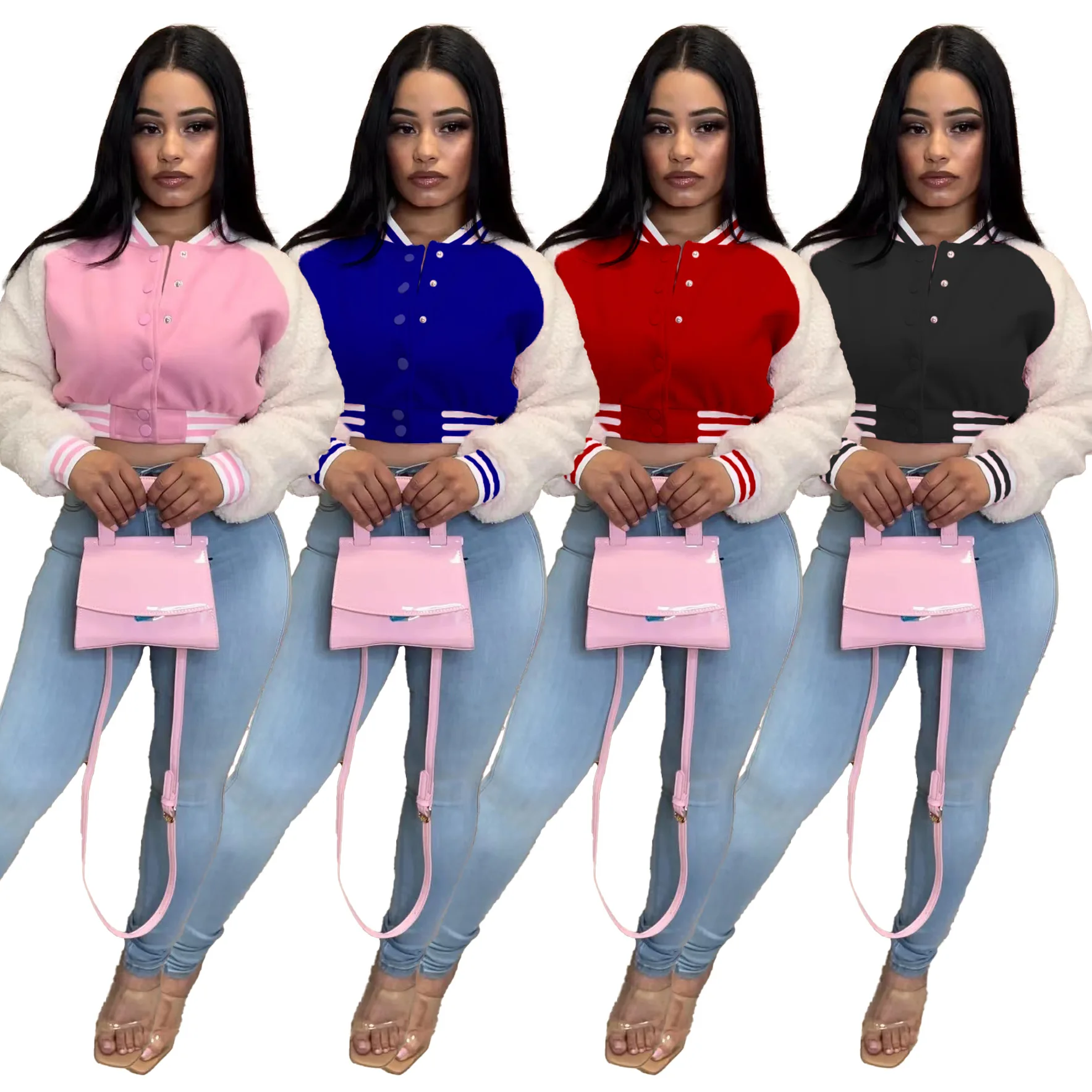 

2022 Winter Clothes Y2K Streetwear Casual Patchwork Fashion Crop Jacket Baseball Fur Cropped Women Jackets Varsity Solid Coat