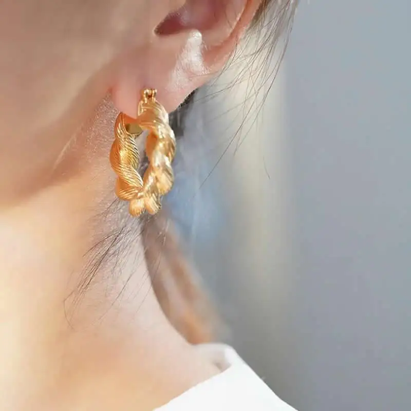 Boucles d'oreilles en or jaune 18 carats pour femme, boucles d'oreilles créoles en UL, torsades de pâte frite, AU750, 5g