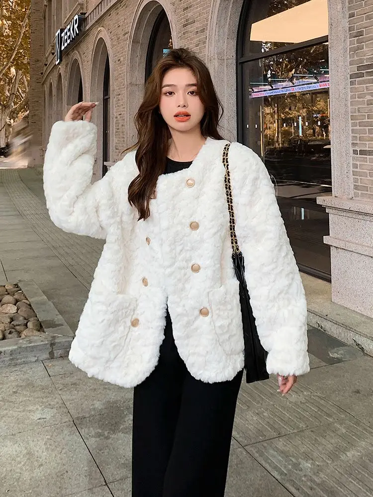 

Lamb Wool Coat Female Faux Fur Jacket Y2k Clothing Vintage Harajuku Long Sleeve Korean Chic Double-breasted Cotton-padded Jacket