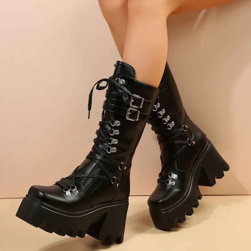 

Women's Mid-calf Boots Autumn Winter 2023 New Ladies Rivet Lace Up Thick High Heeled Boots for Women's Black Gothic Knight Botas