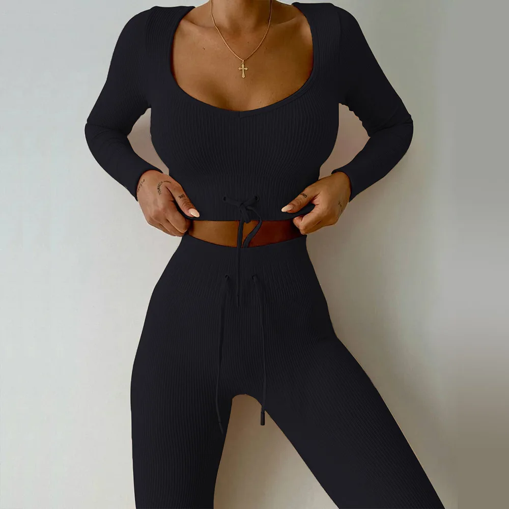 Women's Seamless Knitted Long Sleeve Sports Fitness Suit Outdoor Corset Strap Yoga Suit capri leggings Leggings