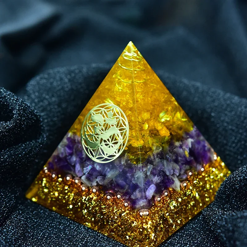 Aura Crystal Orgone Energy Converter Orgonite Pyramid Soothe Yoga Healing Yellow Crystal Amethyst Energy Customized Ornaments