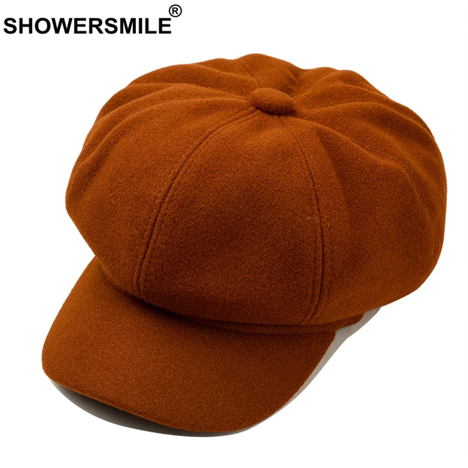 SHOWERSMILE Womens Newsboy Caps Beret Solid Wool Octagonal Cap Ladies Pink Painters Hat Female Autumn Colorful French Artist Hat