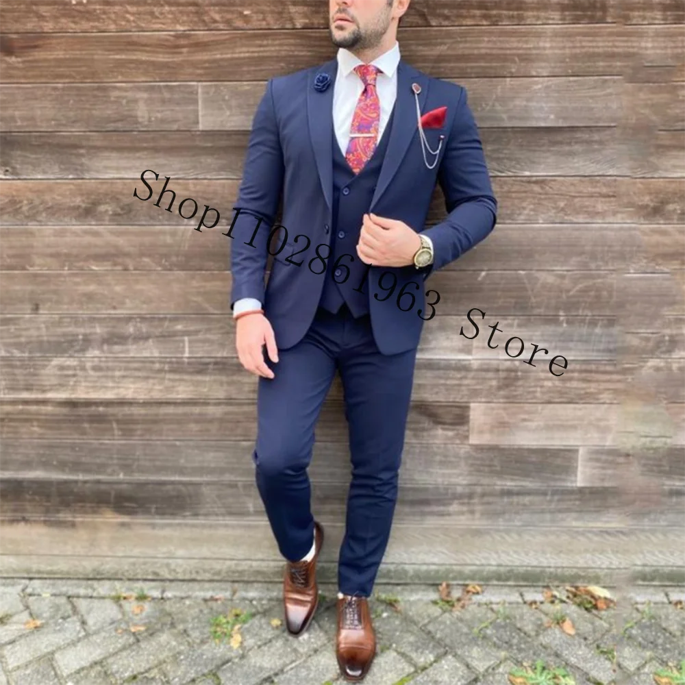 Navy Blue Formal Weeding Suits For Men 3 Pieces Male Suits Groomsmen Bridegroom Wedding Tuxedos Blazer+Vest+Pants Costume Homme