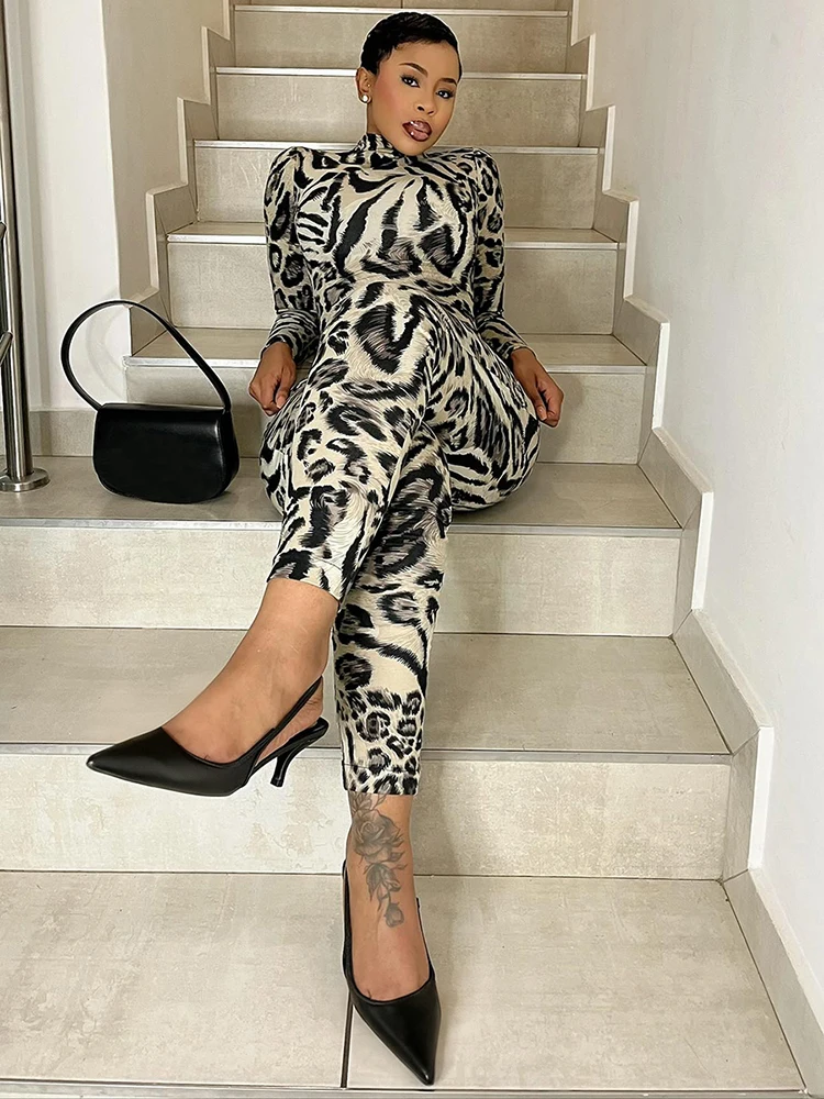 Nibber Peach Hip Leopard Print Jumpsuit Woman Autumn Trend Turtleneck Full Sleeve Skinny Hottie Midnight Sexy Fashion Overalls