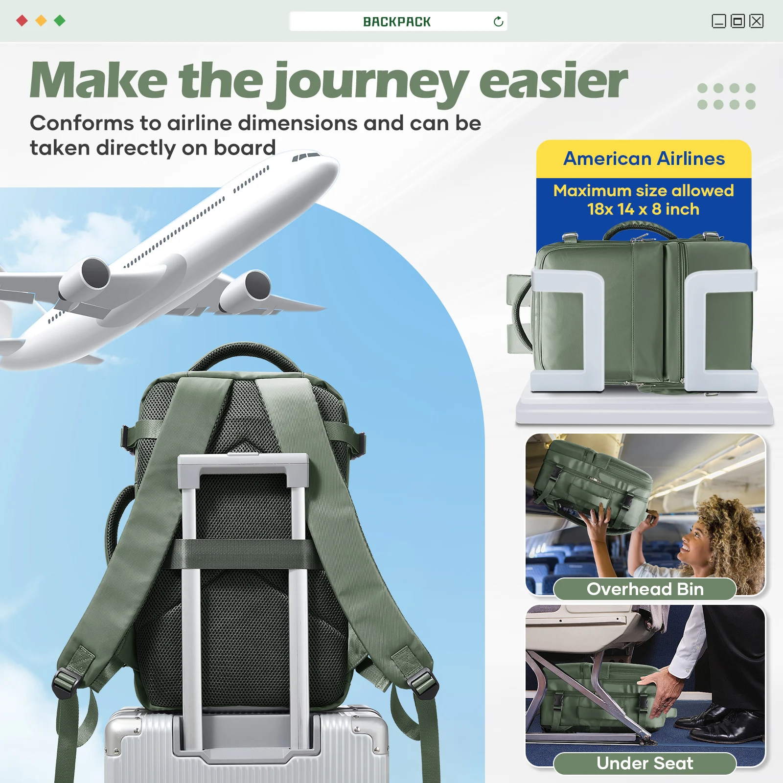 Short Distance Aircraft Cabin Travel Backpack 45x36x20 Hand Luggage Backpack Cabin Bag Aeroplane Carry-Ons, College Backpack