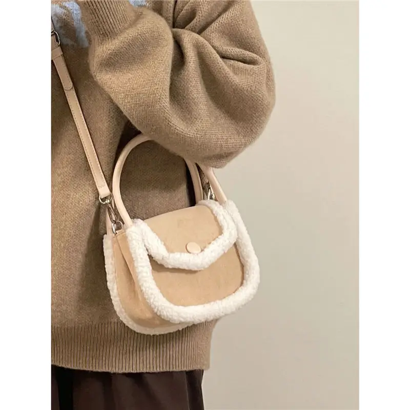 JIAERDI Sweet Cute Plush Handbag Women Khaki Panel Square Shoulder Bag Ladies Korean 2025 New Autumn Winter Casual Crossbody Bag