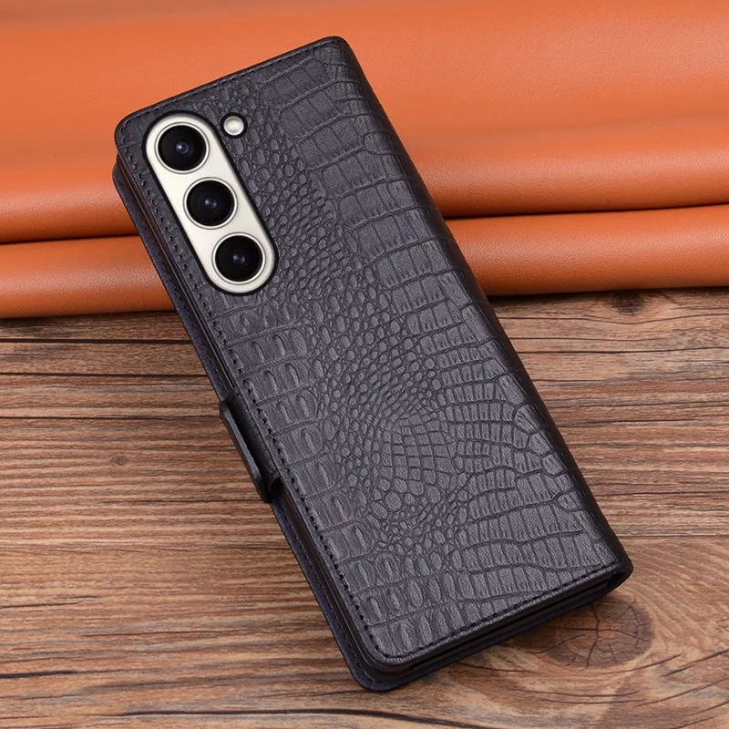 Genuine Cowhide Leather All-inclusive Flip Case For Samsung Galaxy Z Fold 5 4 3 Fold5 3D Alligator Grids Litchi Grain Full Cover