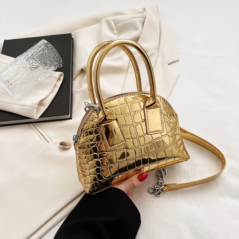 Crocodile Pattern Shell Bag, Metallic Color Crossbody Bag, Fashion