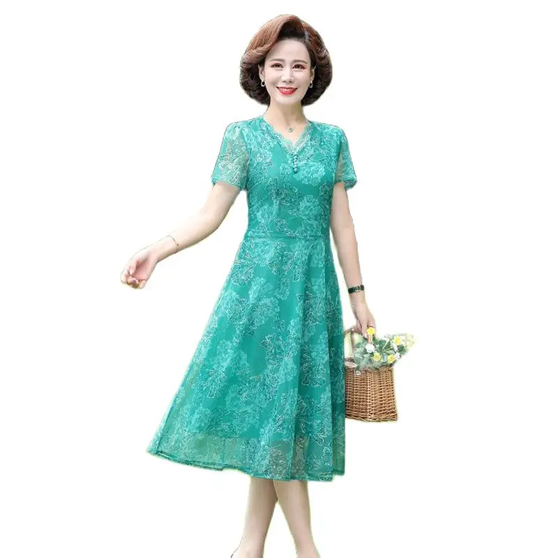 

Foreign Middle-aged Mother Summer Dress Short Sleeve Chiffon Skirt Subnet Yarn Long Skirt Temperament Middle-aged Women's Dress