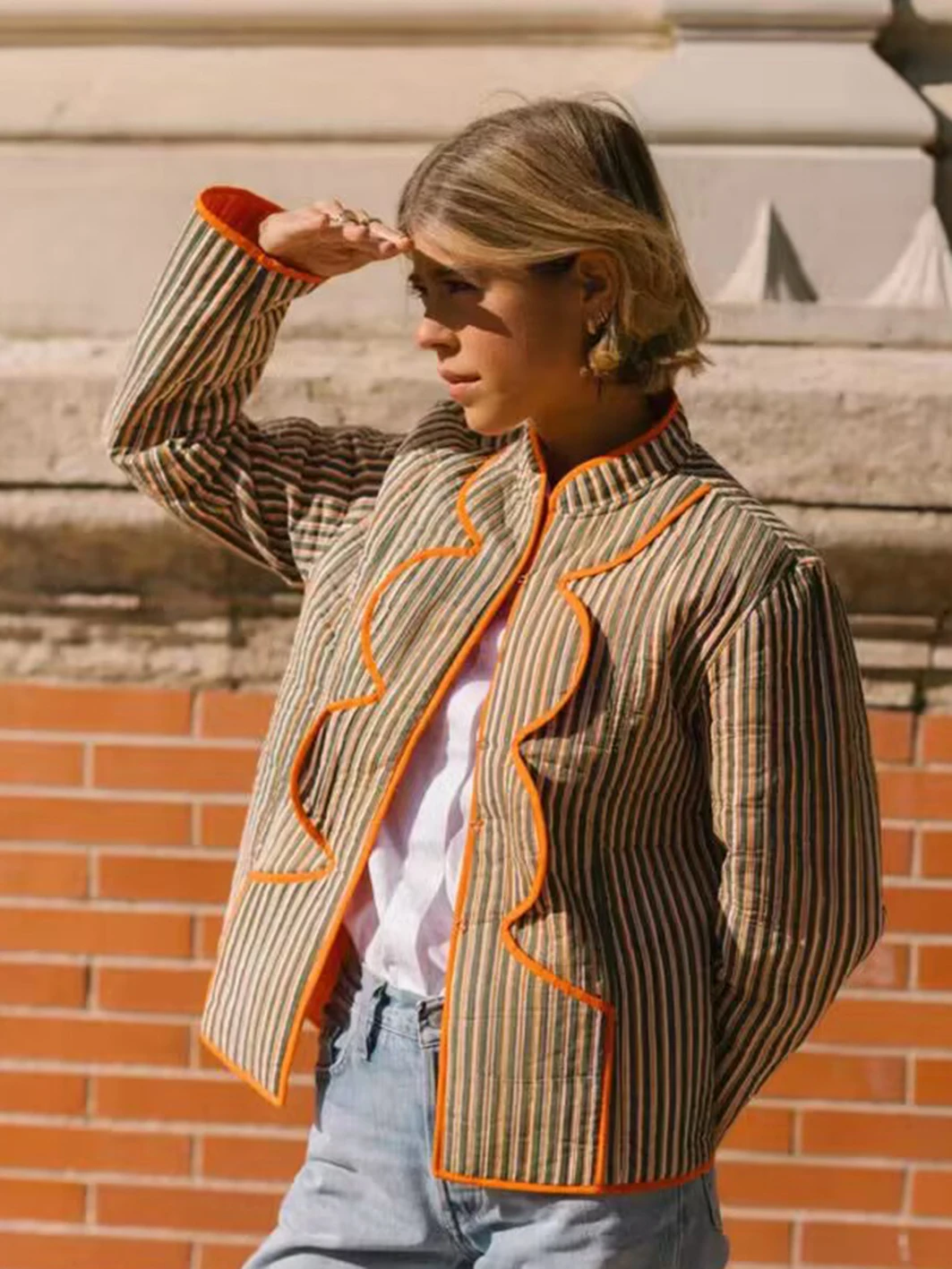 

Stripes Stitching Patchwork Jacket Woman Autumn Long Sleeve O-Neck Coat Spring French Vintage Streetwear Jackets 2024 Clothes