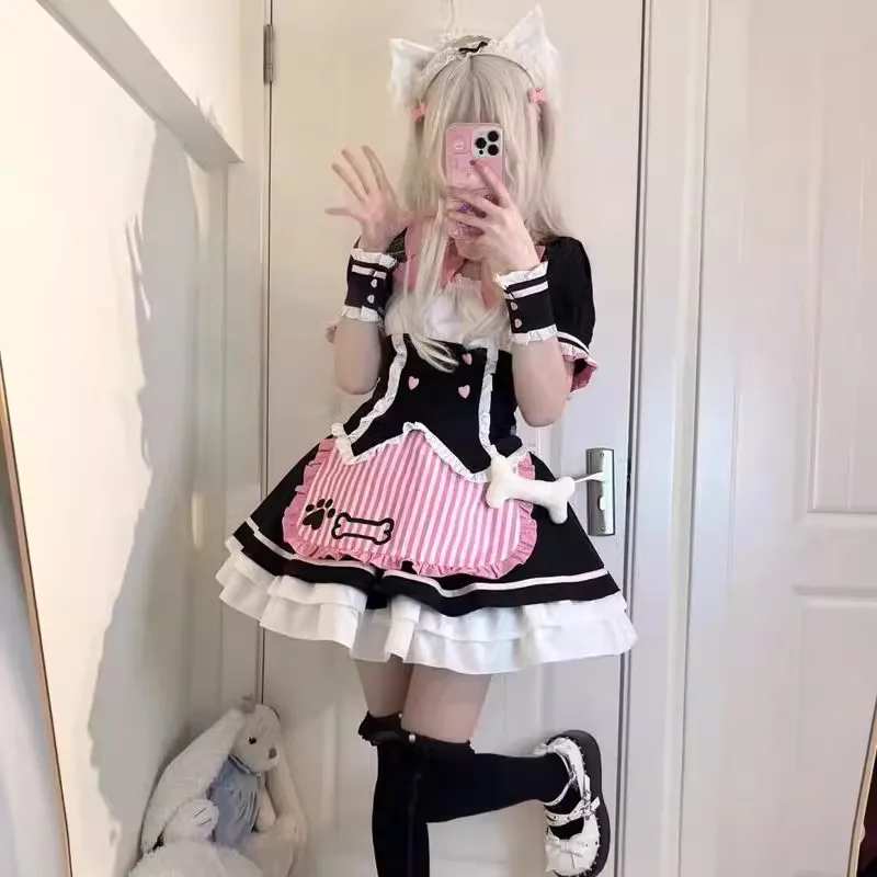 Cute Cat Lolita Maid Dress Ruffle Short Sleeve Summer NEKOPARA Cosplay for Neko Girls Woman Waitress Maid Party Stage Costume