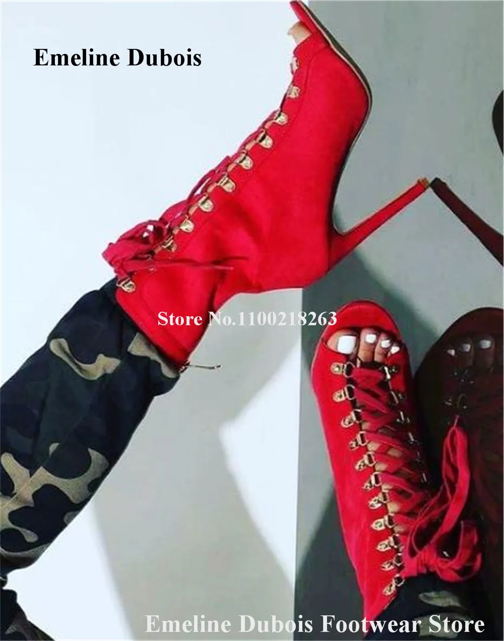 

Red Suede Short Boots Emeline Dubois Peep Toe Green Brown Suede Stiletto Heel Metal Buckles Ankle Booties Lace-up Dress Heels