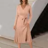 Women Wrap V Neck Sweater Dress Solid Color Long Sleeve Pleated Midi Dresses With Belt Autumn Ladies Pleated Dresses For Work 4