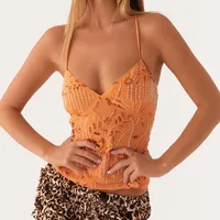 Été femmes Y2k paillettes licou culture hauts perle embelli haut caraco été paillettes col en V strass Camisole débardeur 3