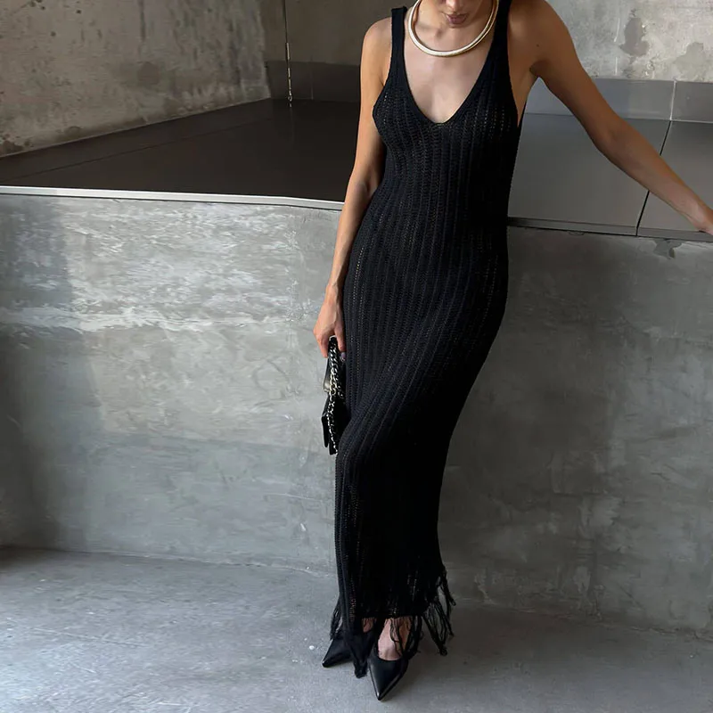 Vestido largo blanco de punto con borlas para mujer, sexy, con escote en V, sin mangas y espalda descubierta, para playa, verano 2025