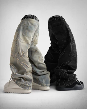 2024 Y2k Streetwear Retro Raw Edge Embroidery Baggy Jeans Men Women Fashion Hip Hop Personality Patchwork High Waist Denim Pants 1