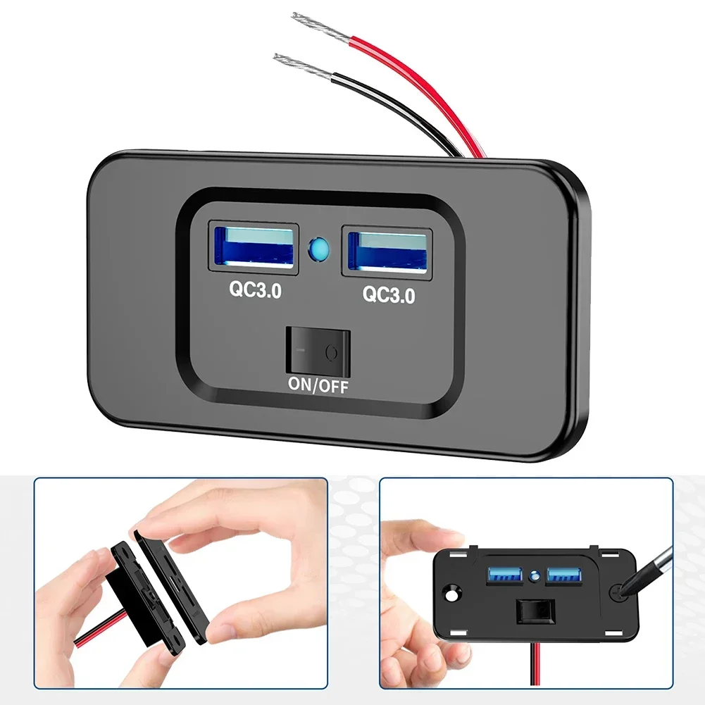 12V-24V QC 3.0 Dual USB Car Fast Charger Socket Power Outlet Panel Mount Perforated RVs Mobile Phones USB Charger Sockets