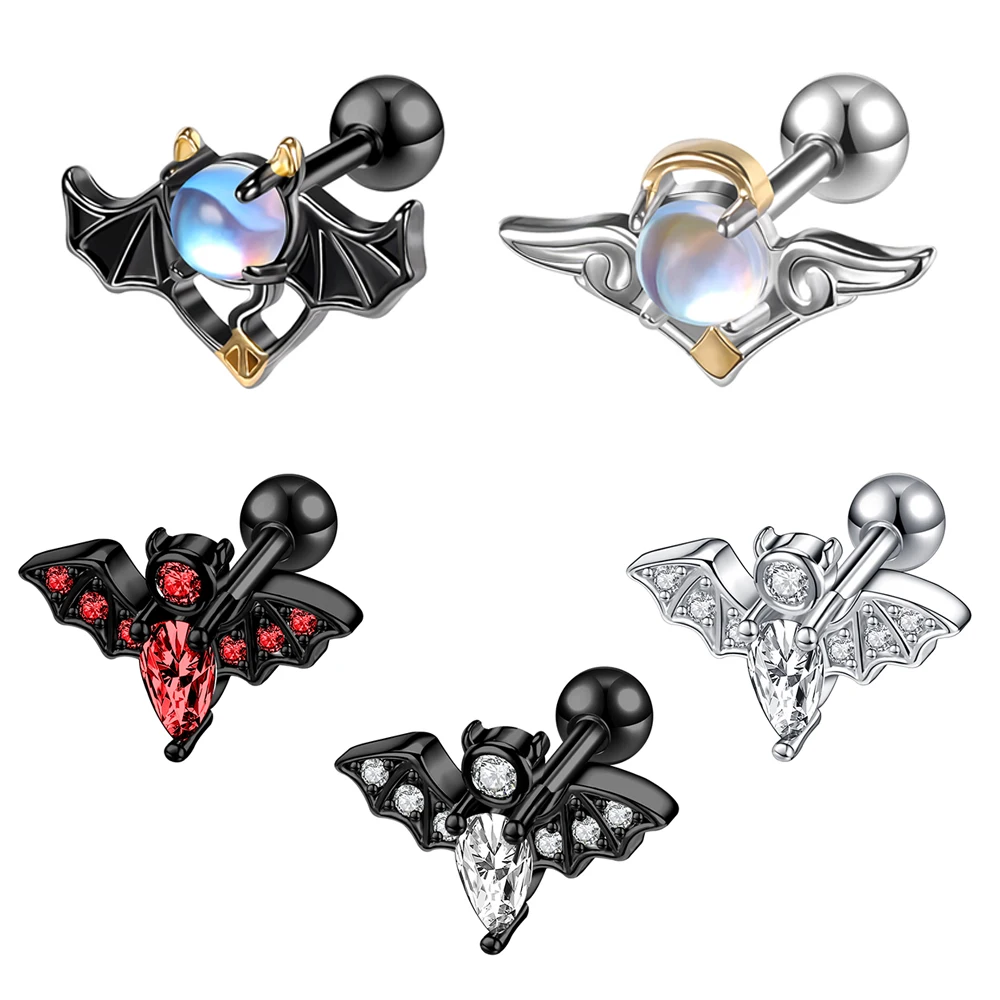 

AOEDEJ 16G 1PC Moonstone Angle Studs Earring Stainless Steel Bat Ear Stud for Punk Men Black Plated Bat Helix Piercing Earrings