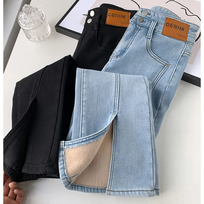 

Autumn Winter Women's Add Velvet Flare Jeans 2023 New Thicke Warm High-Waist Stretch Jeans Trousers Female Casual Denim Pants
