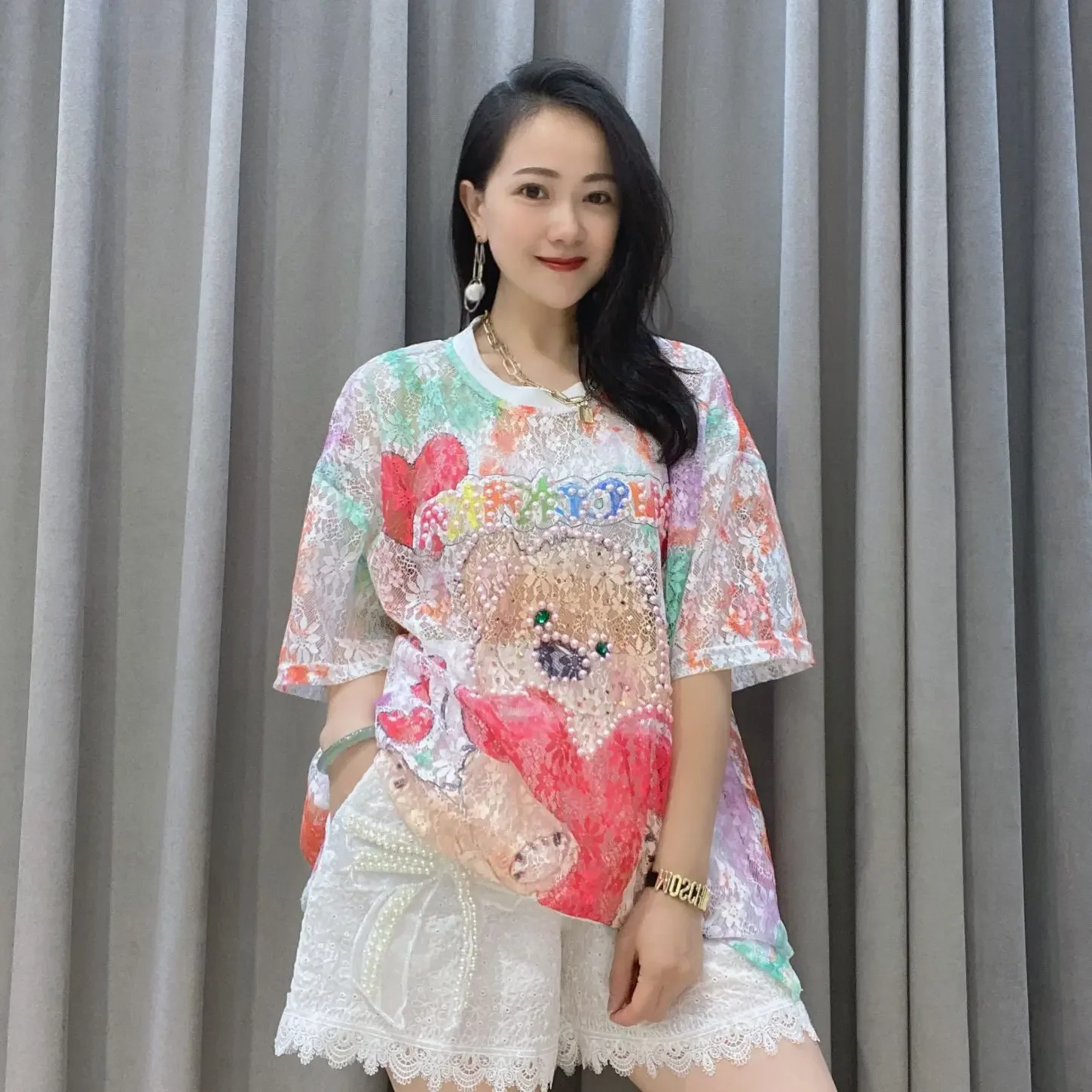 

Лидер продаж, Женский трикотажный топ с полурукавами, Новинка лета 2024, повседневные свободные женские футболки с круглым вырезом и мультипликационным принтом из бисера