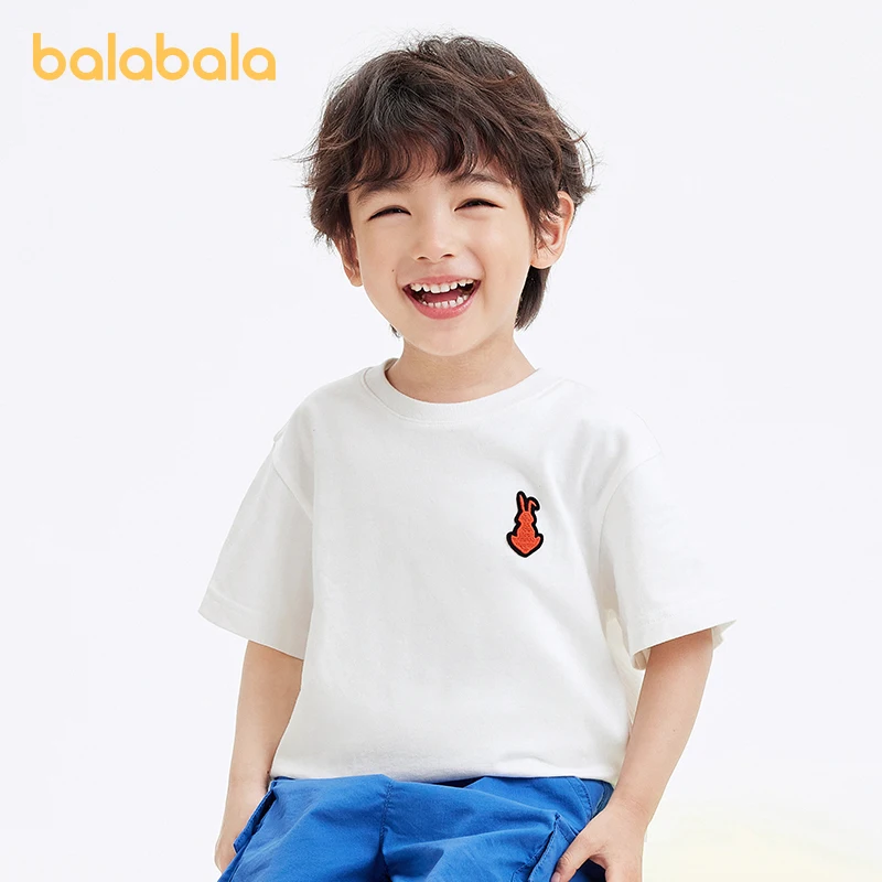 

Balabala Children Clothing Boys Short Sleeve T-shirt Outfit 2024 Summer New Pure Cotton Embroidered Top Parent-Child Matching