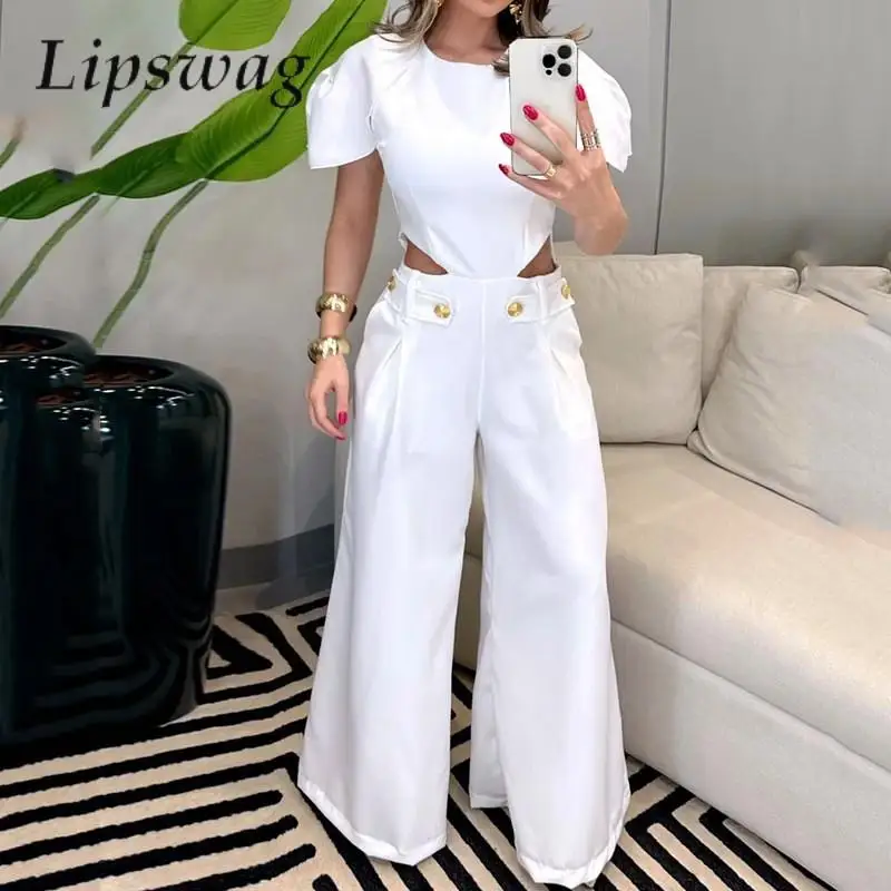 

Sexy Hollow Waist Button Loose Wide Leg Pant Romper Elegant Women Puff Sleeve Overalls Commuting Fashion Solid Wide Leg Jumpsuit