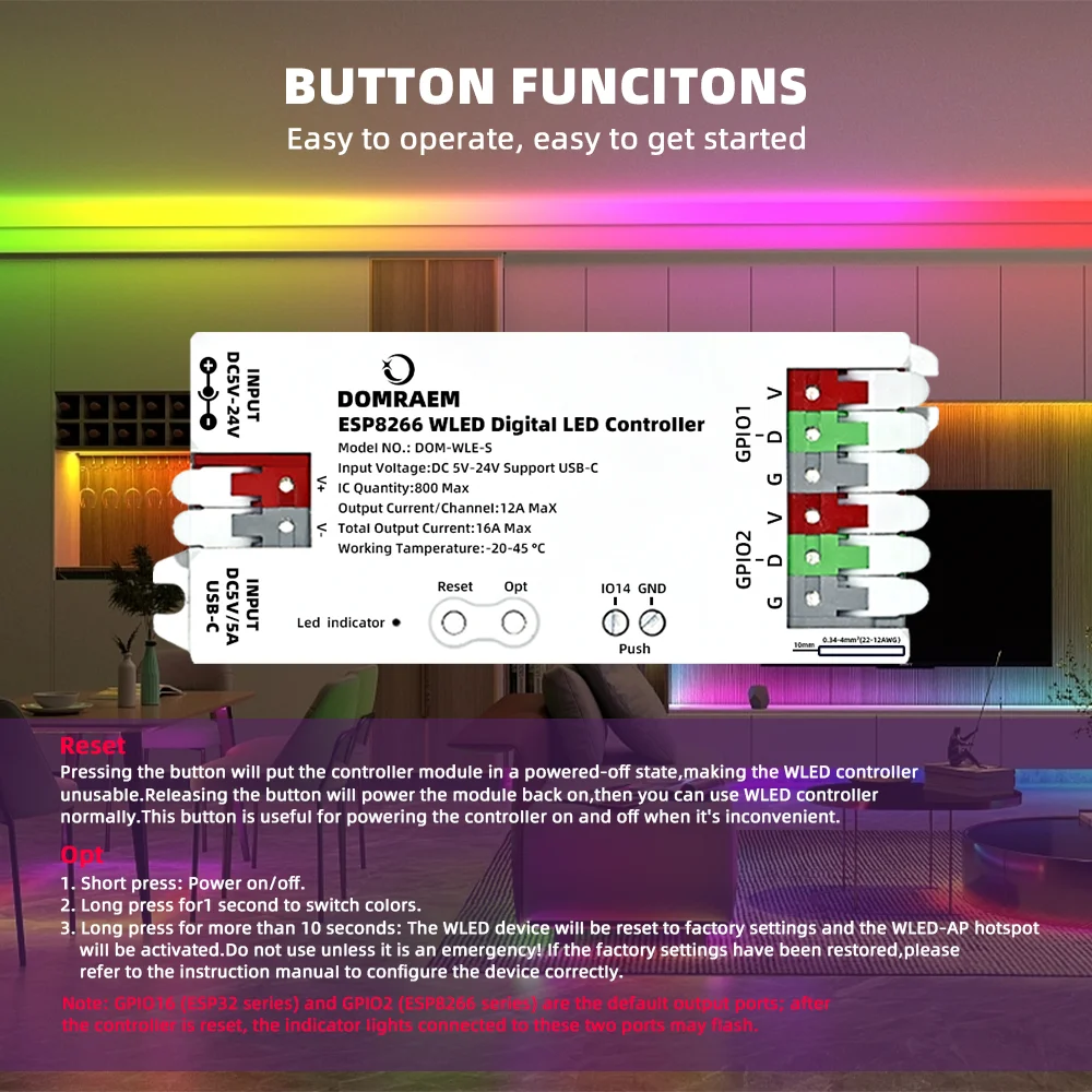 Domraem ESP8266 Digital WiFi LED Controller USB-C5V DC5-24V Streifen 100 + Modi WLED App WS2811 WS2812 SK6812 TM1814 DIY Pixel Licht – Detail 16