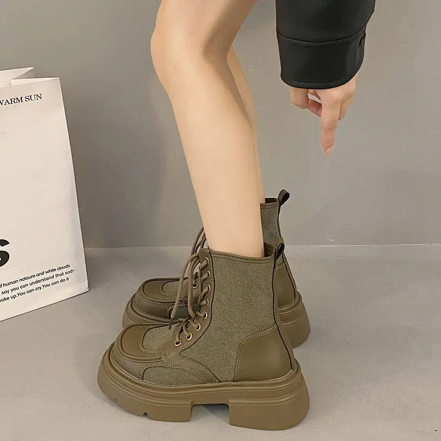 

2023 New Spring And Autumn British Style Thick Bottom Boots Women's Lace-up Comfortable Fashion Slim Retro Ankle Boots