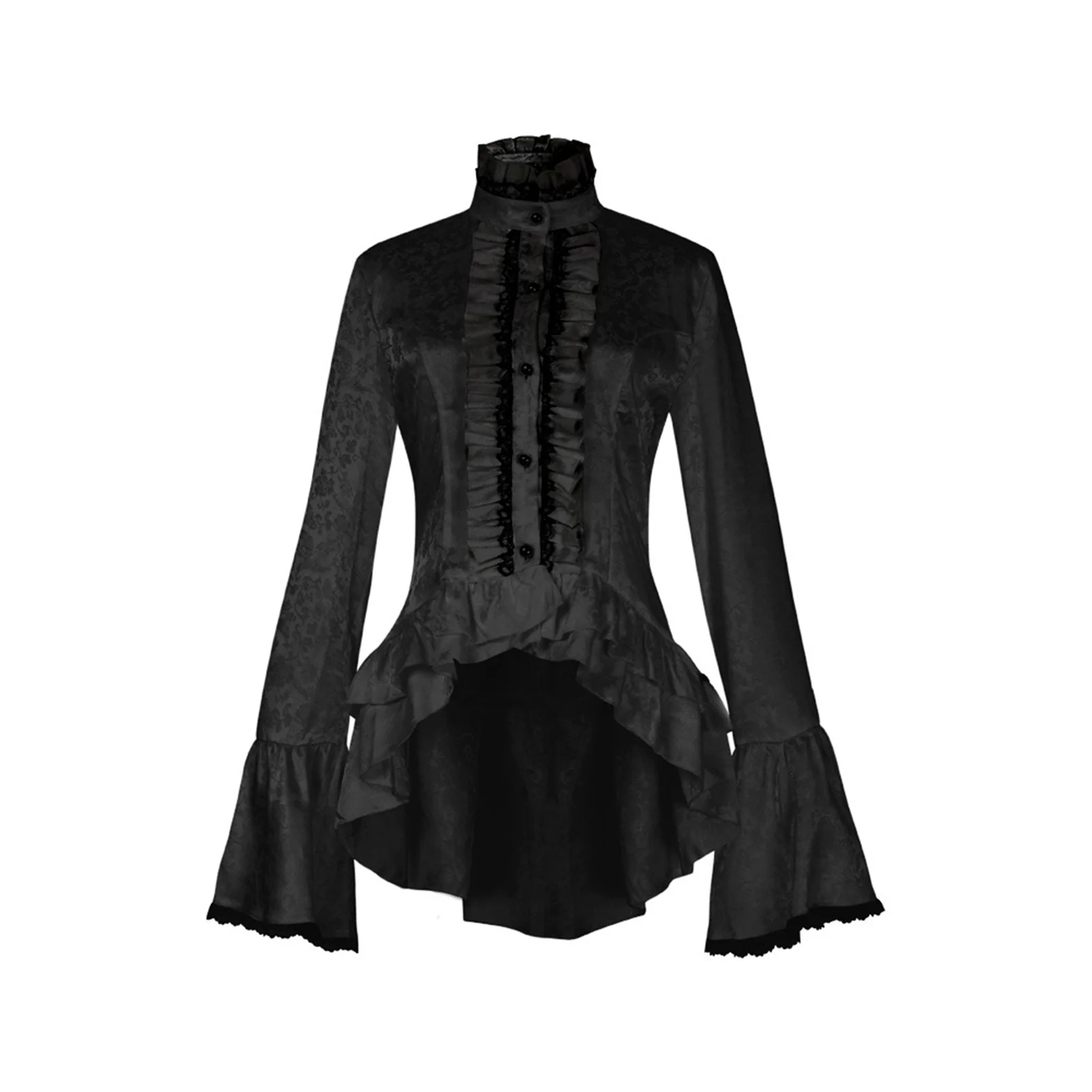 thumbnail image 1 of Blusa gótica de cuello alto con cordones, mangas acampanadas, volantes, botones asimétricos en capas, camiseta victoriana para mujer, top steampunk, 1 of 5