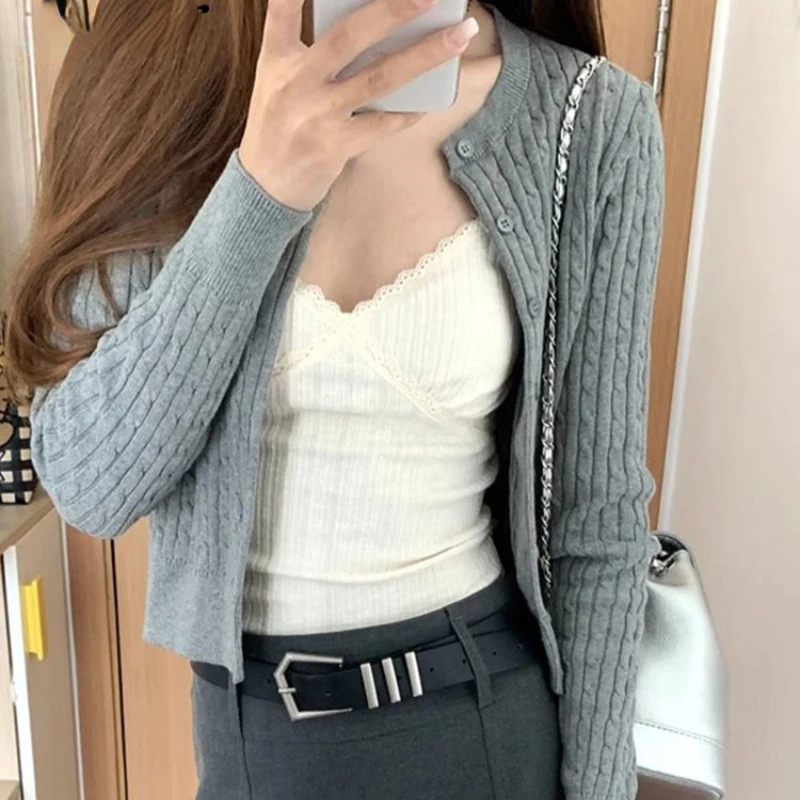 

Autumn New Solid Color Slim Women Cardigan Casual Loose Fashion Cardigan Woman Grey Navy Blue Knitted Sweaters Female