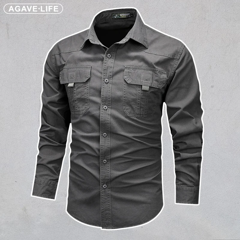 

Men's Autumn Military Shirts 100% Cotton Shirt For Men Solid Color Slim Casual Coats Long Sleeve Japanese Simple Cargo Shirt 5XL