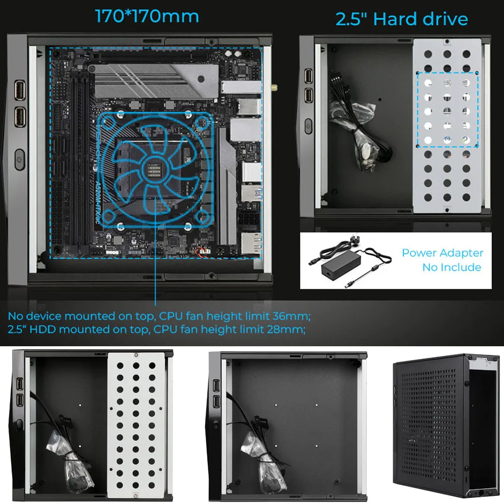섀시 컴퓨터 케이스 미니 타워 다중 표면 방열판 미니 ITX 마더보드용 강력한 방열 HTPC 170*170mm 케이스