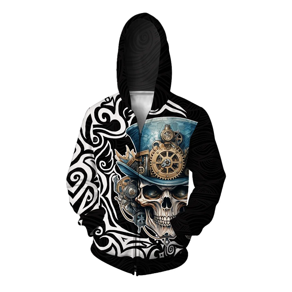 thumbnail image 1 of Sudadera con capucha y estampado de calaveras, cómoda y elegante, nueva, con cremallera, moderna y versátil, para hombre, 1 of 5
