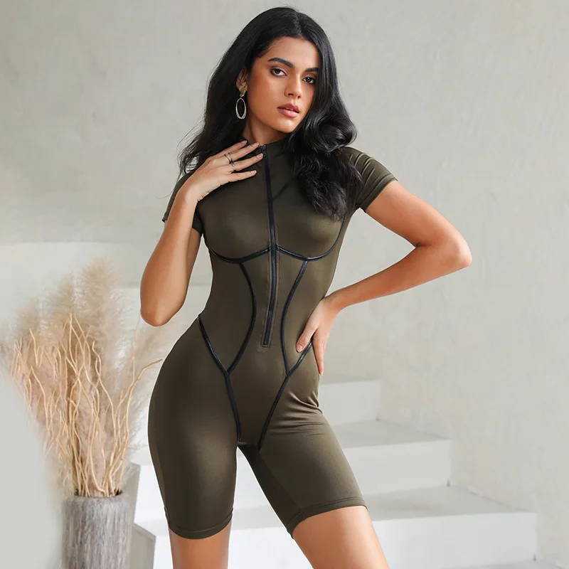 Summer Zipper High Neck Sports Suit Women's Short Sleeved Sports Wear Casual Jumpsuit Fitness Work Clothes Women Surfing Rompers