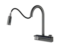 ก๊อกน้ำห้องครัวแบบดิจิตอลทรงเปียโน วัสดุทองเหลือง ดีไซน์ทันสมัย แบบก้านโยกเดี่ยว หัวฉีดโค้งสูง พร้อมหัวฉีดแบบดึงลงและไฟ LED 3