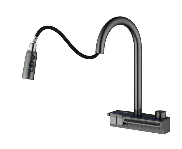 ก๊อกน้ำห้องครัวแบบดิจิตอลทรงเปียโน วัสดุทองเหลือง ดีไซน์ทันสมัย แบบก้านโยกเดี่ยว หัวฉีดโค้งสูง พร้อมหัวฉีดแบบดึงลงและไฟ LED 3