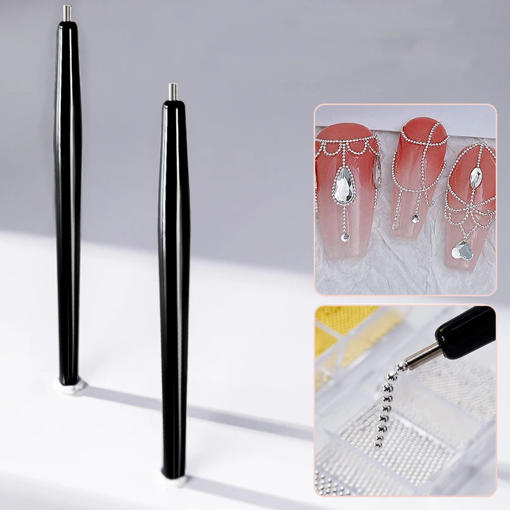 2pcs Nail Suction Steel Ball Magnetic Pen Black Handle Strong Suction Iron Stone Nail Art Pen High Precision Magnetite Nail Tool 5