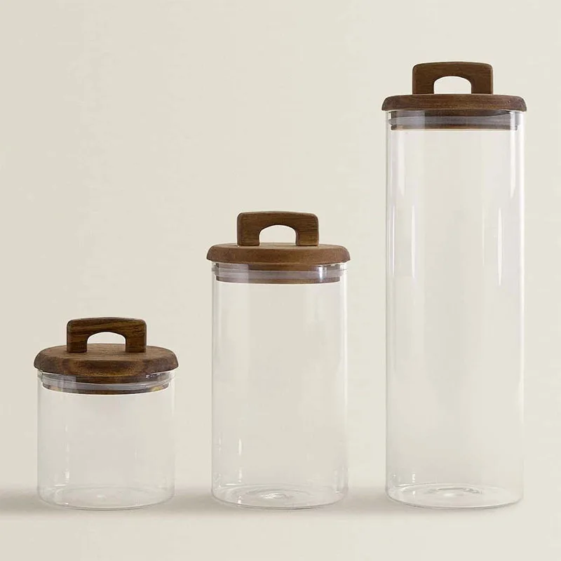 Glass Food storage tank 650/1100/1800ml With Wooden lid Kitchen Coffee beans Candy Tea Grains Canister Home Snacks storage jar glass storage tank glass storage jar glass storage container