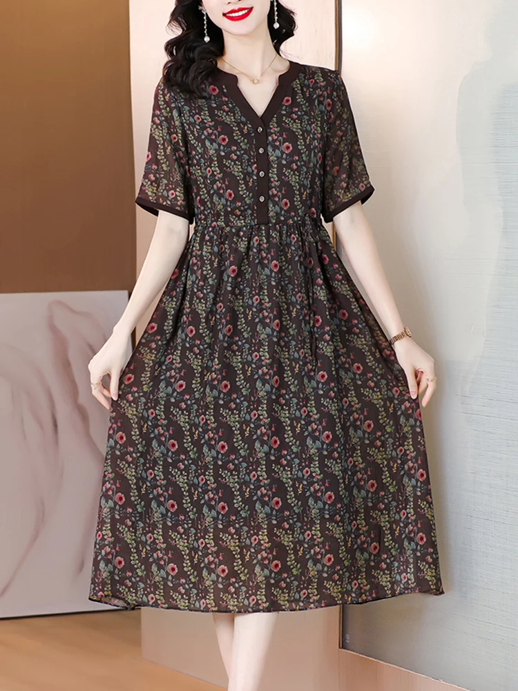 

Summer Floral Chiffon Short Sleeve V-Neck Midi Dress Women Korean Vintage Casual Dress 2024 Luxury Elegant Bodycon Party Dresses