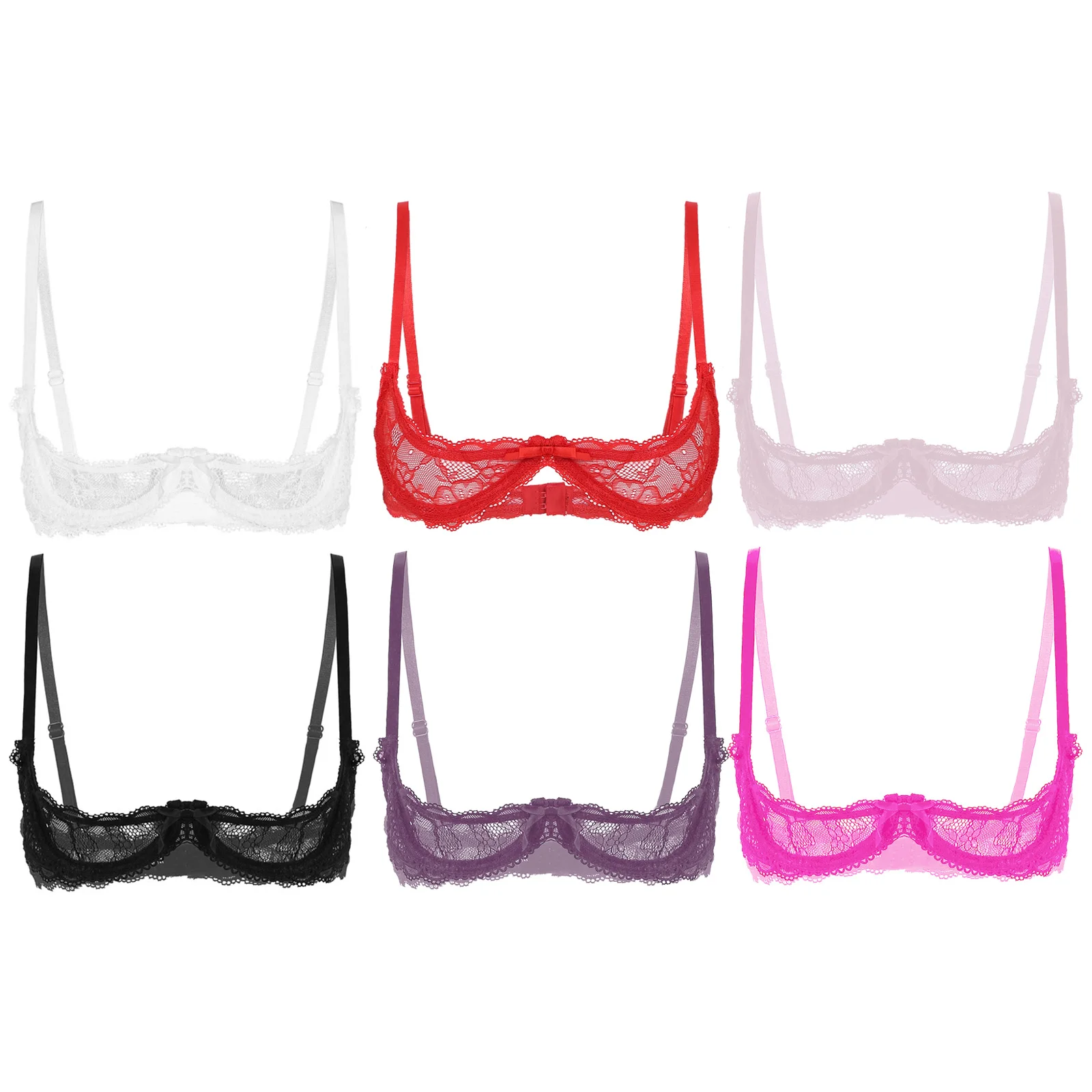 Womens Sexy See Through 1/4 Cups Bra Tops Brassiere Sheer Lace Push Up Underwire Bralette Underwear Lingerie Plus Size