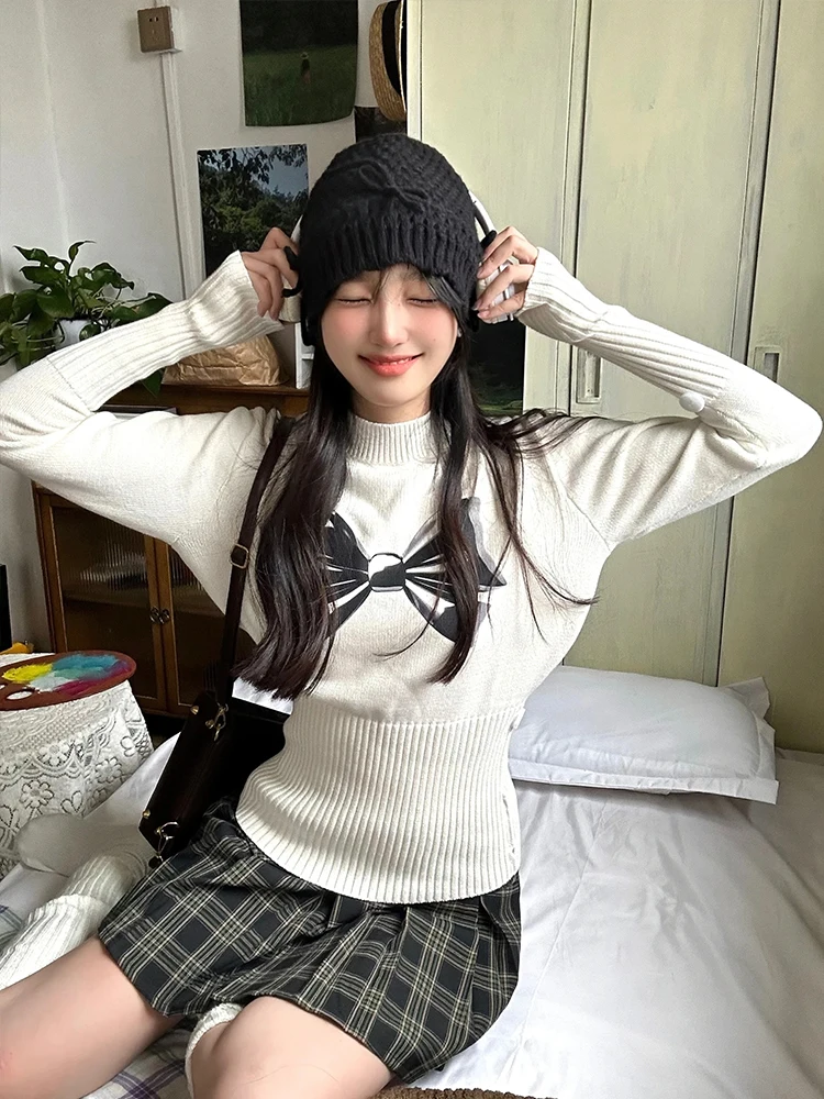 

Y2K Sweaters Women Vintage Knitted Pullover Ladies Hotsweet Fashion Long Sleeve Knitwear Female Harajuku Bow Print Slim Jumpers