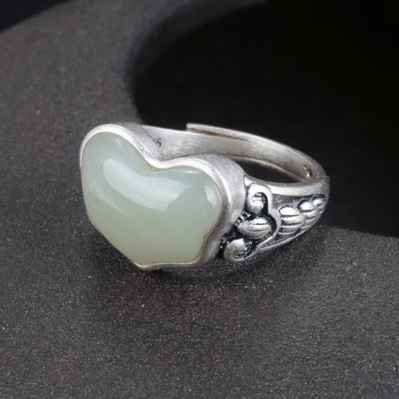 

S925 sterling silver Hetian jade sapphire wish ring female retro ethnic style open index finger ring