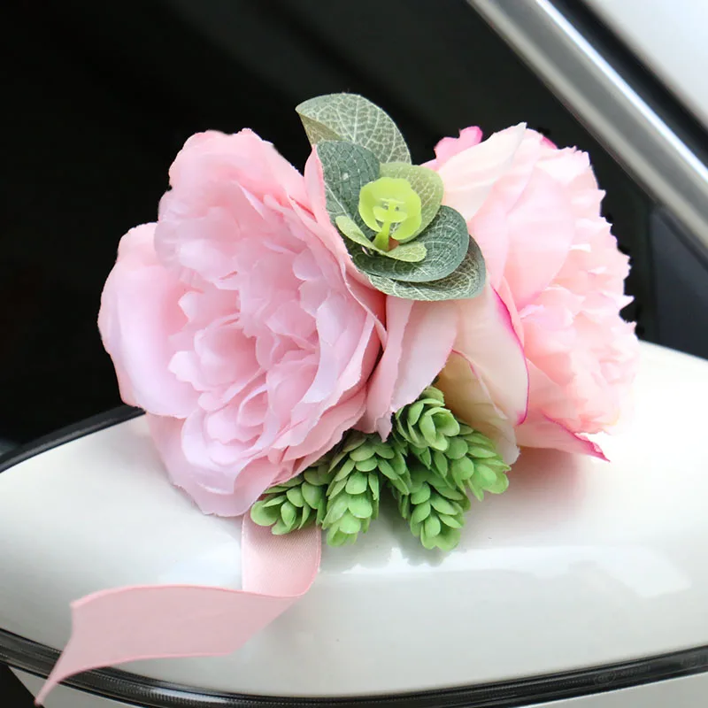 6 Fiori Finti Bianchi Per Auto Da Sposa Con Fiocco In Raso - Addobbi Per Maniglie E Specchietti, Decorazioni Eleganti Per Matrimonio, Addio Al Nubilato E Feste - 2