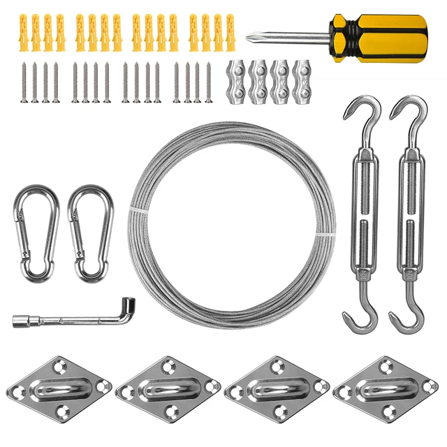 Shade Sail Hardware Kit 15 Méteres Kábelhuzal -Rozsdamentes Acél Napellenző Lombkorona Telepítő Készlet Turnbuckles Szemhorog A Kerthez