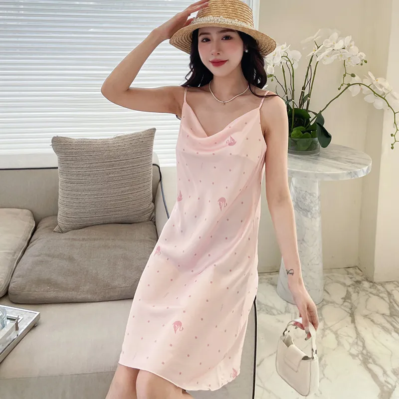 New Silk Home Clothes Woman Pjs Summer Sling Sexy Nightdress Satin Printed Night Women Sleepwear Girl Sleeveless Outerwear Dress