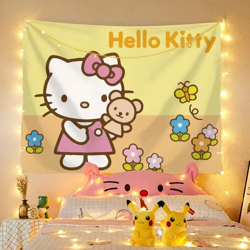 Anime Hello Girl Tapestry 50x60 inch Home Decor, A Cute Cat Hugging A  Yellow Bear, Wall Decor for Living Room, Bedroom, Dorm, Home, Office