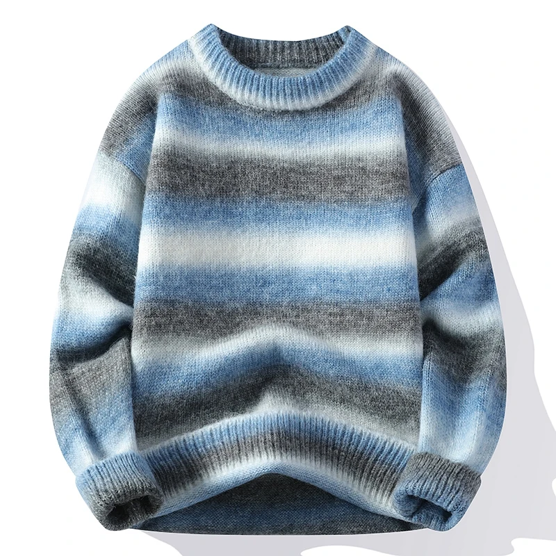thumbnail image 1 of Suéter de rayas arcoíris de moda para otoño e invierno de 2024, suéter de lana de lujo de alta gama para hombre, suéter informal holgado para Navidad, 1 of 4